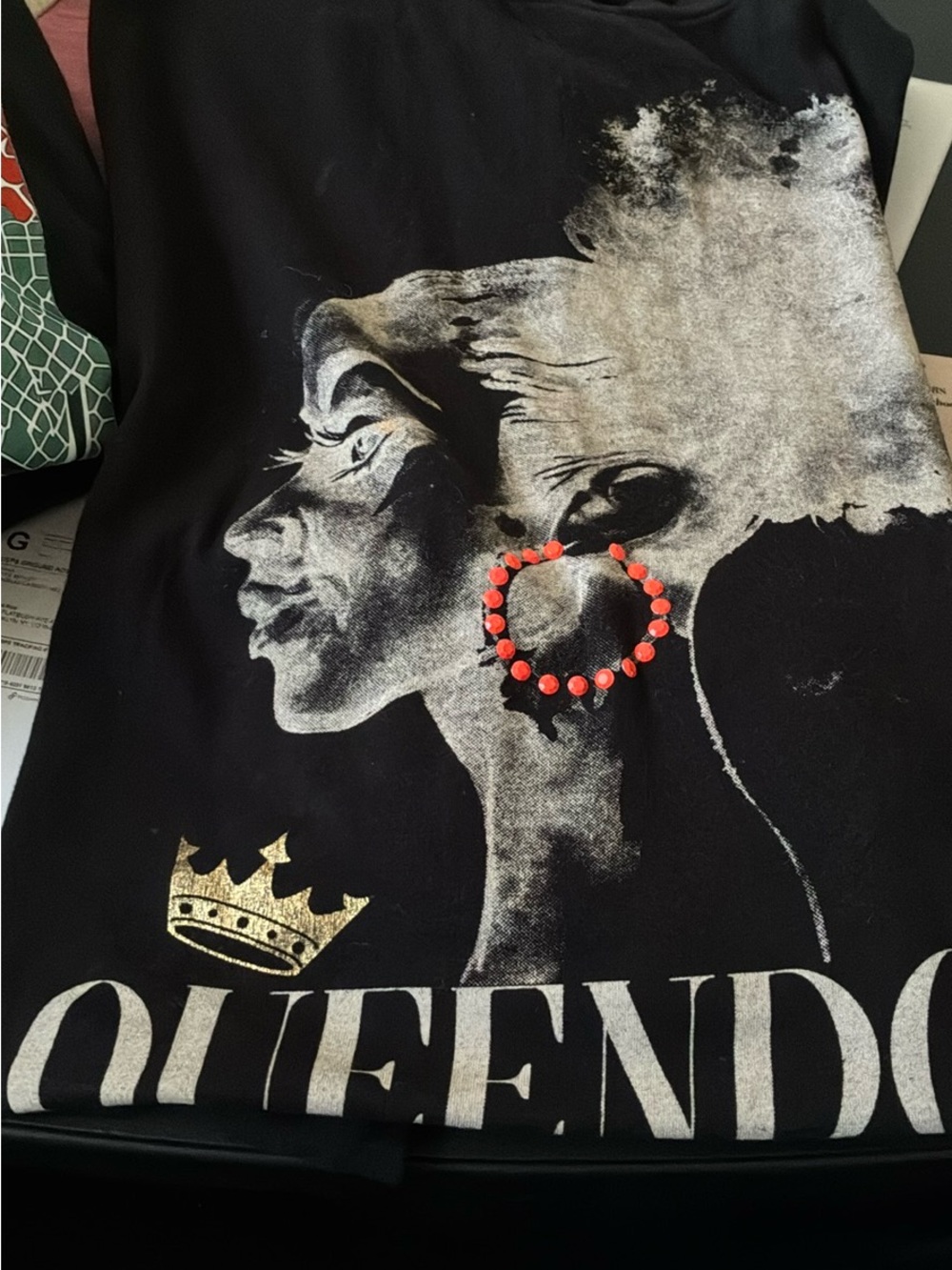 Fashion Nova Black Graphic 'Queendo' Tee with Gold Crown and Red Hoop Accent